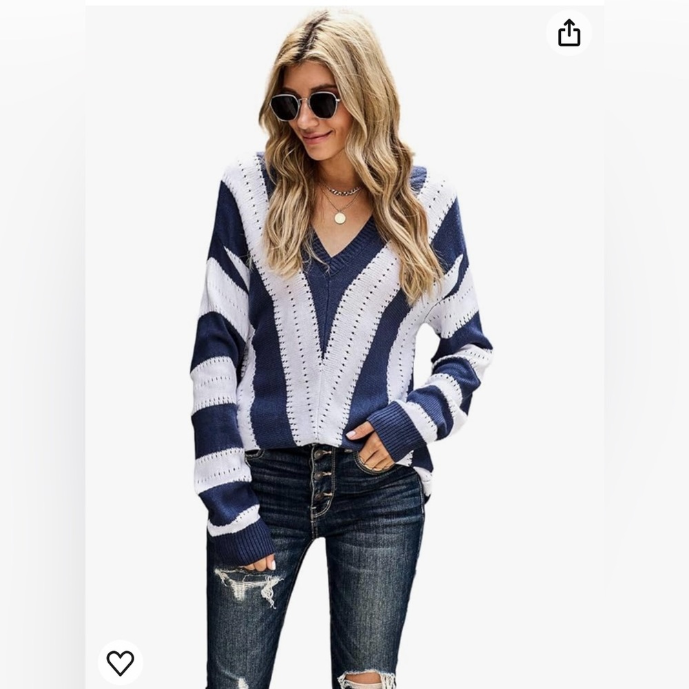 Deep V Neck Striped Sweater Long Sleeve Hand Knit Size S